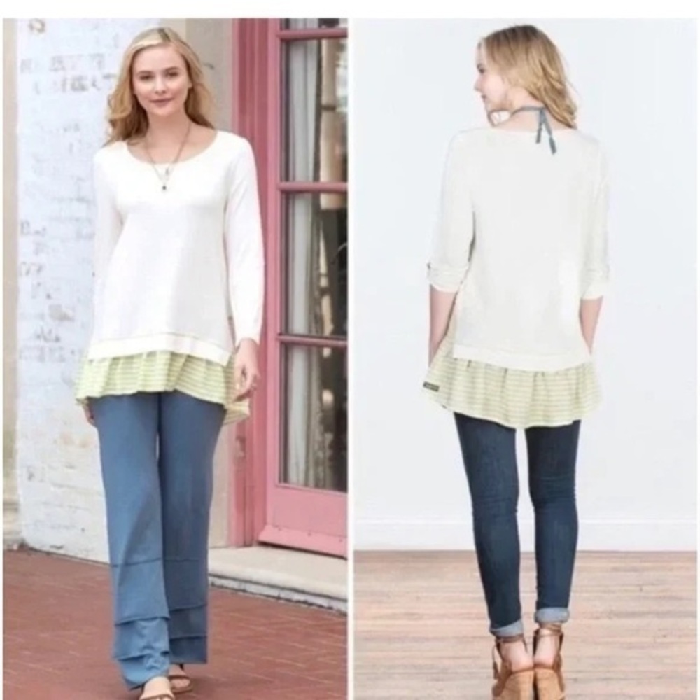 Matilda‎ Jane Womens Tunic Top Ventriloquy Ruffled Hem Size XL Ivory Green